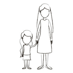 blurred silhouette cartoon full body faceless mother taken hand with girl vector illustration