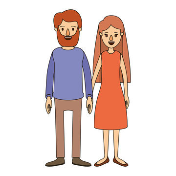 color image caricature full body couple woman with long hair in dress and man in casual clothing vector illustration