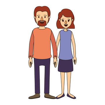 color image caricature full body couple woman with wavy short hair in skirt and man in casual clothing vector illustration