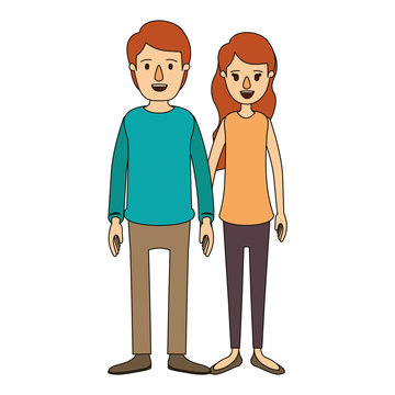 color image caricature full body couple in casual clothing vector illustration