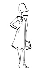 Drawn stylish silhouette of lady in office dress with bag in black color, isolated hand drawn fashion casual illustration on white background,  high quality