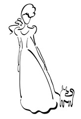 Drawn silhouette of lady in stylish gown with little dog in middle age style, isolated hand drawn fashion illustration on white background, high quality