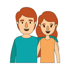 color image caricature half body couple woman with short wavy hair and man vector illustration