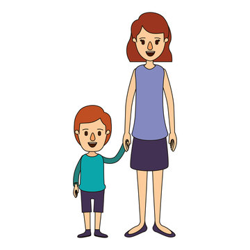color image caricature full body mother taken hand with boy vector illustration