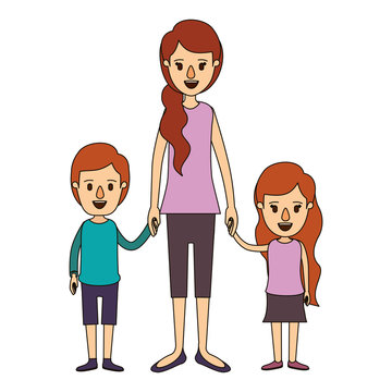 color image caricature full body mother taken hand with children vector illustration
