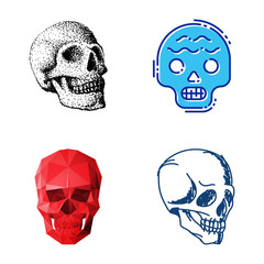 Different style skulls faces vector illustration halloween horror style tattoo anatomy art.