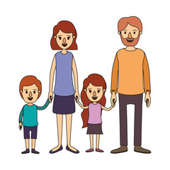 color image caricature family group with parents and little kids taken hands vector illustration