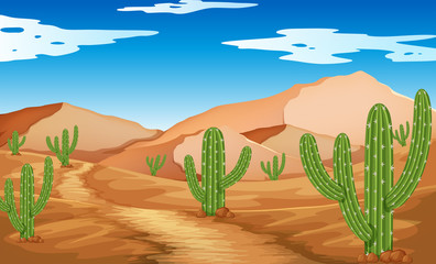 Desert scene with mountains and cactus