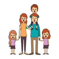 color image caricature big family parents with boy on his back and daugthers taken hands vector illustration