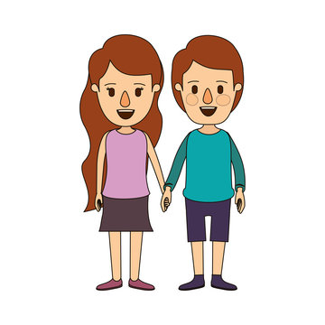 color image caricature front view full body couple in casual clothing vector illustration