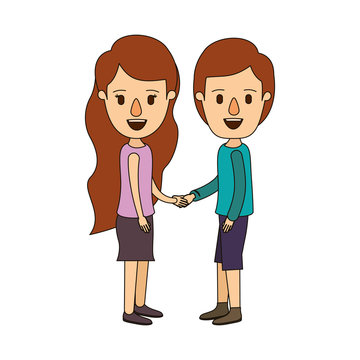 color image caricature side view full body couple in casual clothing handshake vector illustration