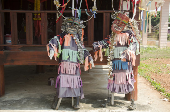 Masks and costume Phi Kon Nam or tradition of ghost carriage water for people visit in ghost festival at Ban Nasao in Chiang Khan