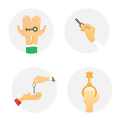Hands holding key apartment selling human gesture sign security house concept vector illustration.