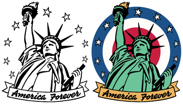 A graphic of the Statue of Liberty with a banner reading America Forever