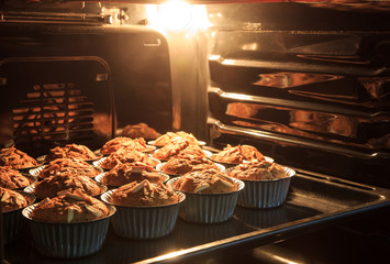 Morning breakfast Banana cake in hot oven that have good taste and fresh. bread banana cup cake.