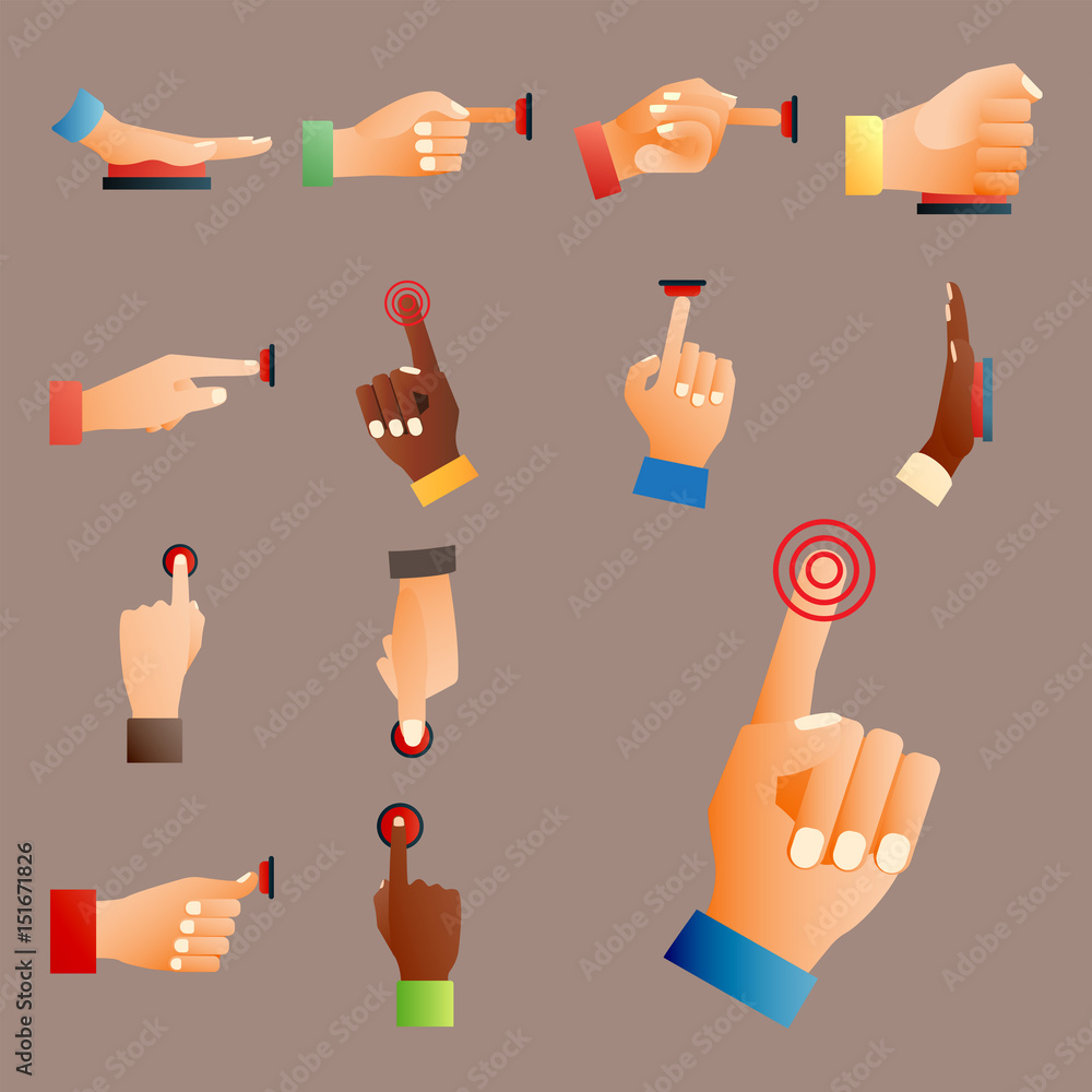 Aufkleber hand press red button finger press control push pointer gesture human body part vector illustration.