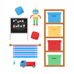 Comfortable cozy baby room decor children bedroom interior with furniture and toys vector.