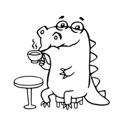 Cute dinosaur in cafe. Vector illustration.