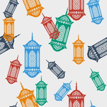 Editable Flat Style Various Color Arabic Ramadan Lamp Vector Illustration Seamless Pattern for Creating Background of Arabian Culture Tradition and Islamic Moments Related Design