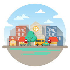 Town Flat Design in Circle Background