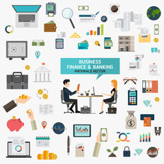 Flat design vector concept with icons set of modern development business finance and banking working elements materials