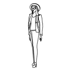 woman glasses hat pants casual outline vector illustration