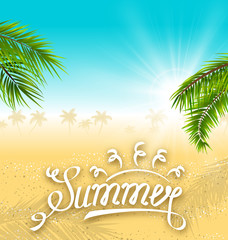 Fototapeta na wymiar Tropical Nature Background with Palm Leaves and Beach. Lettering Text
