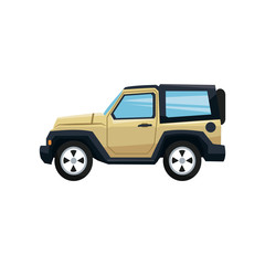 Vector modern retro yellow jeep background. Tourism design.Travel by car. Retro travel car landscape