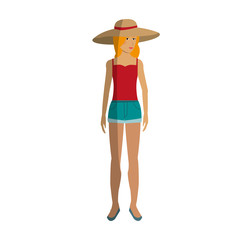 pretty happy woman wearing big sun hat tank top and shorts  icon image vector illustration design 