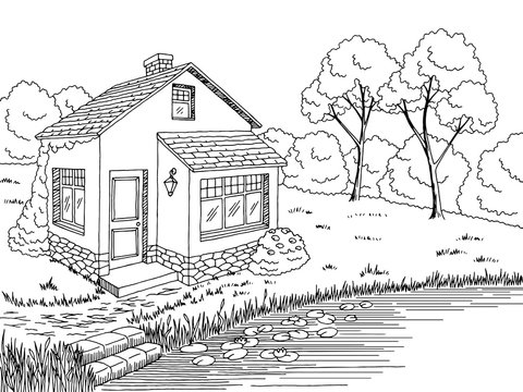 Lake house graphic black white landscape sketch illustration vector