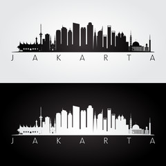 Jakarta skyline and landmarks silhouette, black and white design.