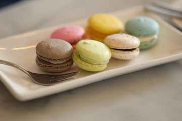Colorful macaron in plate with fork