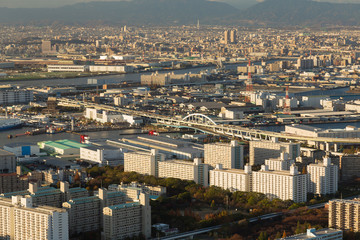 Aerial view Osaka city business downtown Japan, cityscape background