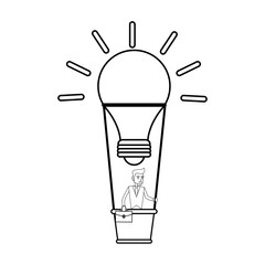 young businessman on hot air balloon in lightbulb shape idea concept icon image vector illustration design  single black line