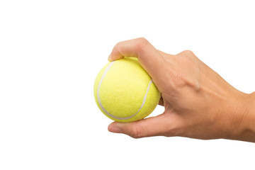 Holding tennis ball isolated on white background.