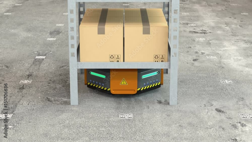 Poster orange robots carrying pallets with goods in modern warehouse. modern delivery center concept. 3d re