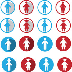 Vector set red and blue couple, man, woman silhouettes round web icons set	