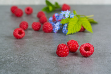 Sweet fresh raspberry with leaves, on grey background, copy space - summer colors