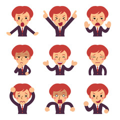 Cartoon a business woman faces showing different emotions
