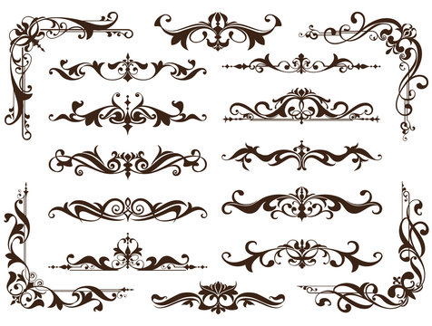 Vintage ornaments design elements floral curlicues white background curbs frame corners stickers. Borders, monograms and dividers patterns on a white background