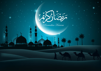 Ramadan Kareem greeting card with mosque and night sky. Moon and stars. Vector illustration. 
