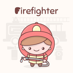Cute chibi kawaii characters. Alphabet professions. Letter F - Firefighter