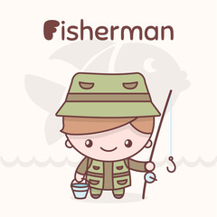 Cute chibi kawaii characters. Alphabet professions. Letter F - FFisherman