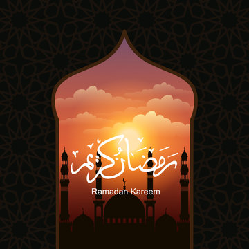 Ramadan Kareem greeting card with mosque and night sky. Moon and stars. Vector illustration.
