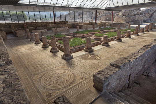 Roman ruins and mosaic in House of the fountains in Conimbriga, Portugal