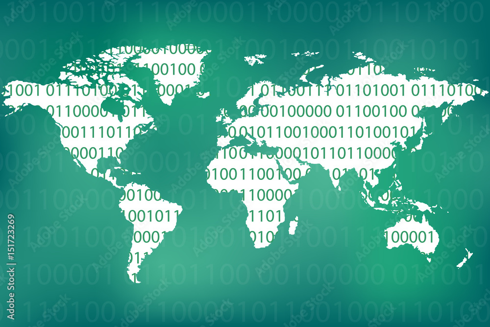 Poster binary code and world map as abstract technology concept