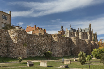 Roman defensive wall with towers and cathedral in Astorga (Asturica), Leon