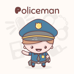 Cute chibi kawaii characters. Alphabet professions. Letter P - Policeman