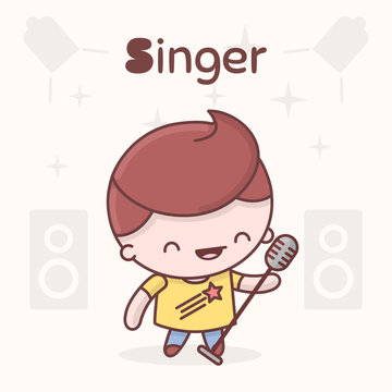 Cute chibi kawaii characters. Alphabet professions. Letter S - Singer
