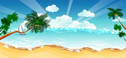 Fototapeta na wymiar Vacation background. Beach with palm trees and blue sea.